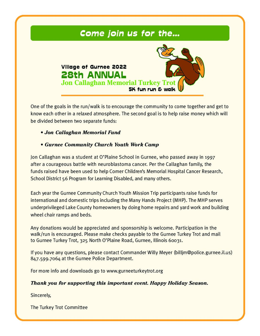 2022 Turkey Trot Flyer Village of Gurnee Jon Callaghan Memorial